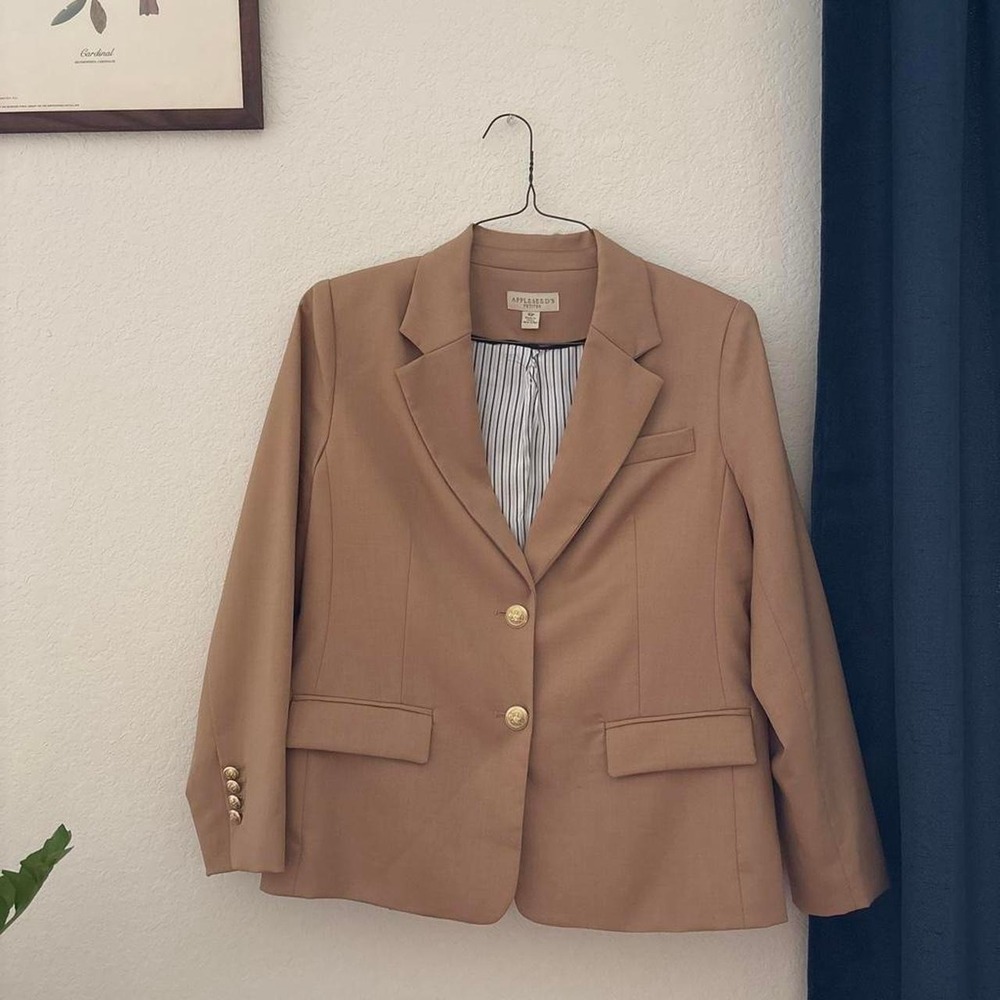 Appleseed's Tan Petite Blazer with gold button detail